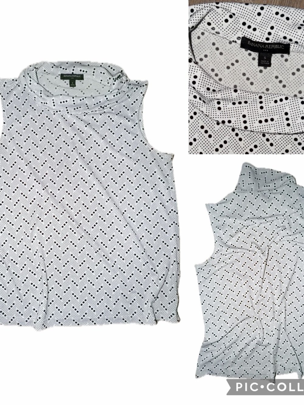 Banana Republic White Sleeveless Mock Neck Top with Black Dot Chevron Print